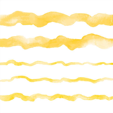 Yellow watercolor vector wavy long brush strokes, uneven wide, thin stripes, doodle streaks. Hand drawn watercolor graphic design elements set, text backgrounds, borders, deckled edges templatesのイラスト素材