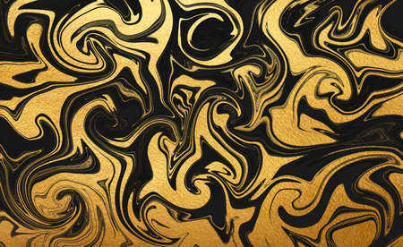 Black and gold rectangle marble texture with liquid stains, chaotic golden foil swirls, vortices, twists. Swirling pattern hand drawn decoration, painted artistic text background.の写真素材