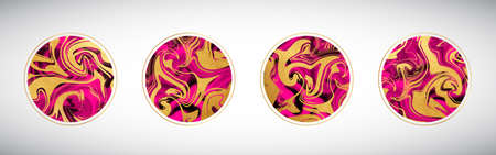 Pink and gold marble texture circles set. Round shapes with liquid stains, chaotic golden foil swirls, vortices, twists. Swirling pattern hand drawn design elements, painted artistのイラスト素材