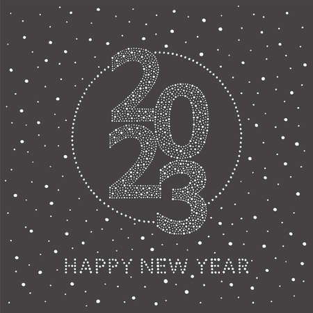 Happy New Year 2023 greeting card. Snow typographic composition, dotted winter background. Big numbers, letters, characters made of hand drawn uneven dots, spots, dot snowflakes.のイラスト素材