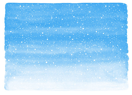 Winter watercolor background with falling snow splash, tiny dots texture. Blue gradient watercolor stains. Christmas, New Year hand drawn template, text frame with uneven edge.の写真素材