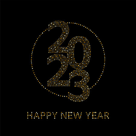 Happy New Year 2023 greeting card. Golden dots typographic round composition. Gold big numbers, letters, characters made of hand drawn golden foil spangles, sparkles, blobs, glitteのイラスト素材