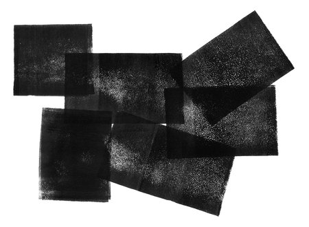 Geometric composition made of textured lino ink rectangle remains. Linocut texture. Black and white artistic text background. Linocut, relief printing paint roller stains.の写真素材