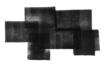 Geometric composition made of textured lino ink remains. Black and white artistic text background, texture. Linocut, relief printing paint roller stains, transparent rectangles.の写真素材