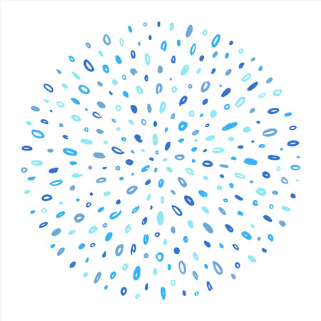 Round shape, circle made of various blue chaotic radial doodle circles, uneven dots, scribbles, strokes, tiny spots, splashes. Hand drawn decoration, text frame template, abstractのイラスト素材