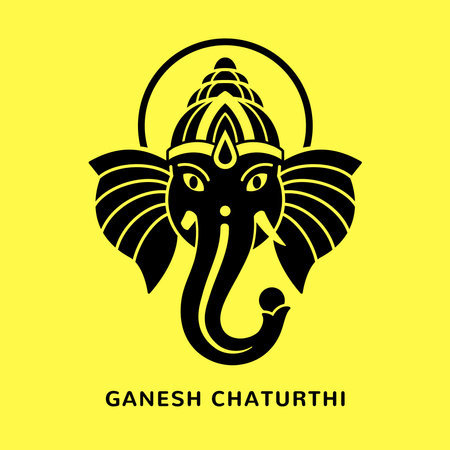 Ganesh head black and white vector silhouette illustration, Ganesh Chaturthi greeting card template, poster. God Ganpati modern style simple flat, line art. Tatoo logo designのイラスト素材