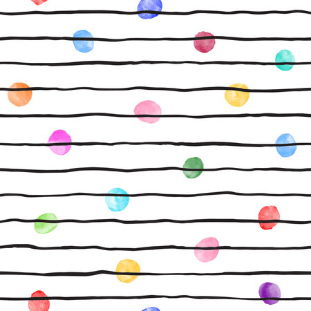 Colorful rainbow watercolor round spots, aquarelle dots and doodle thin stripes, pinstripes seamless repeat vector pattern. Uneven streaks, wavy lines. watercolor circle shapes.のイラスト素材