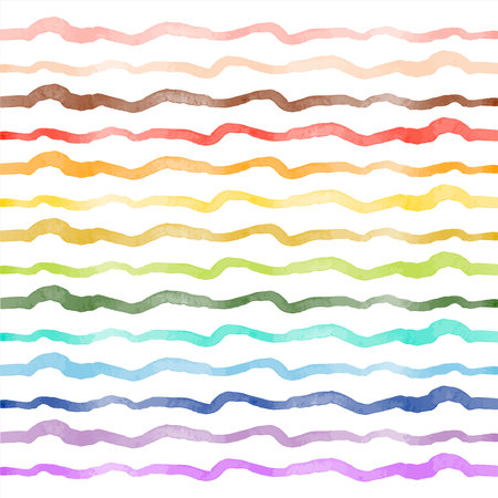 Colorful, rainbow vector watercolor wavy stripes, lines, waves set. text background. Hand drawn watercolor undulating streaks, uneven brush strokes, bars. Artistic aquarelle stainのイラスト素材