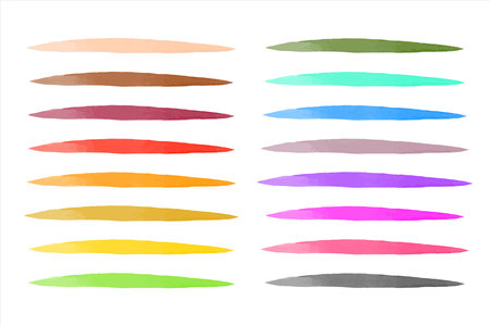 Set, collection of vector colorful watercolor brush strokes, doodle lines, fusiform stripes, hand drawn artistic streaks. Watercolor smears, multicolor brushstrokes, backgrounds.のイラスト素材