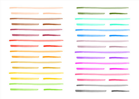 Set of vector colorful watercolor brush strokes, doodle lines, rectangle thin stripes, artistic hand drawn streaks, backgrounds. Watercolor smears, multicolor brushstrokes.のイラスト素材