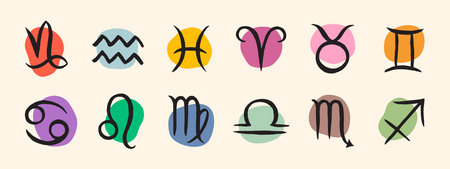 Hand brush drawn zodiac signs set. Horoscope black doodle illustrations, colorful vector uneven circles, spots, stains background. Artistic hand drawn rounded liquid shapes.のイラスト素材
