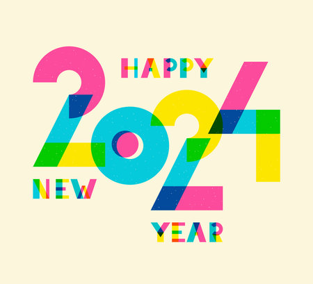 Happy New Year 2024 retro illustration, riso, risograph print effect. Big colorful layered numbers, trendy brutalist geometric style letters. Card, poster, social media templateのイラスト素材