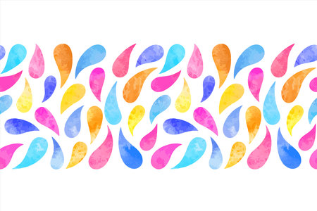 Colorful watercolor drops, droplets seamless vector border, frame. Watercolor multicolor stains endless bright hand drawn pattern, background. Blue, pink, orange, yellow colors.のイラスト素材