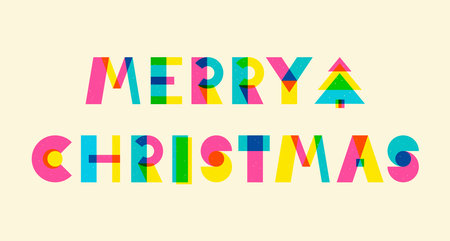 Merry Christmas colorful vector retro illustration, riso, risograph print effect. Layered geometric letters, brutalist trendy style typography composition. Card, poster template.のイラスト素材