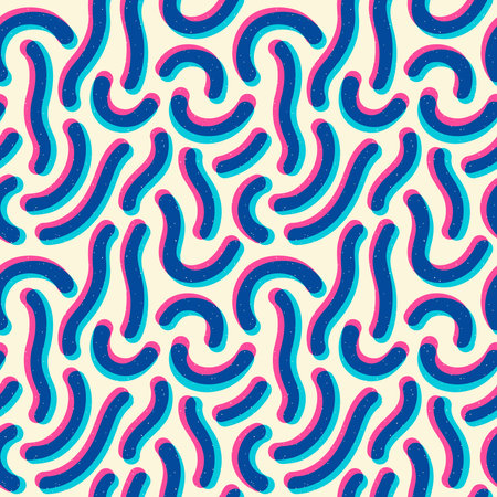 Worms, bold lines, wide stripes with risograph, riso print effect seamless repeat vector pattern. Wavy, squiggly chaotic rounded uneven streaks, layered curves. Trendy background.のイラスト素材