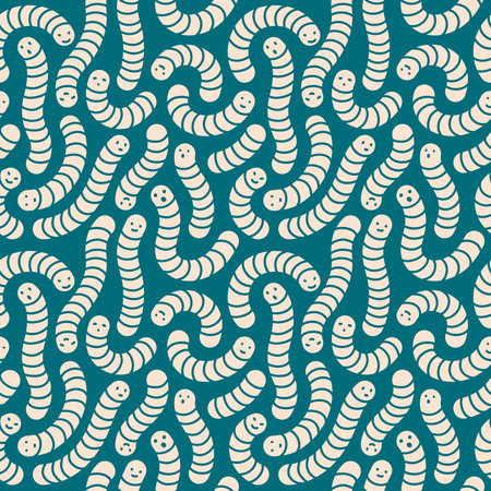 Funny, comical seamless repeat vector pattern with cute worms. Squiggly, wriggling, curved earthworms, gummy worms with simple faces, various emotions. Abstract endless background.のイラスト素材