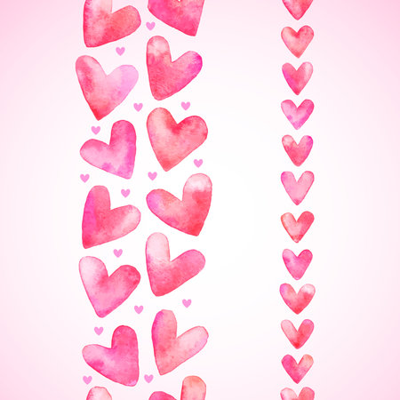 Watercolor hearts seamless vertical vector borders, frame templates. Hand brush drawn artistic hearts, aquarelle stains. Happy Valentine's Day watercolor backgrounds.のイラスト素材