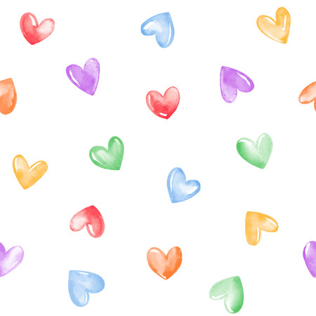 Colofrul rainbow watercolor tiny hearts seamless repeat vector pattern. Valentine's day, lgbt, gay pride, diversity aquarelle background. Hand brush drawn, doodle painted shapesのイラスト素材