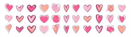 Hand drawn hearts set, collection. Various brush, chalk, marker drawn heart shapes. Linear outlines,...