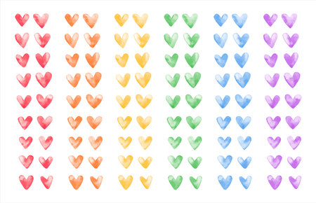 Colorful rainbow vector watercolor hearts set, collection. Cute hand drawn doodle heart shapes with aquarelle stains. Painted watercolor Valentine's Day, lgbt, gay pride template.のイラスト素材