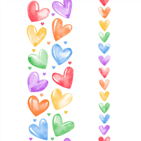 Colorful rainbow watercolor hearts seamless vertical vector borders set, Valentine's Day, lgbt, gay pride frame templates. Hand drawn artistic watercolor hearts, aquarelle stains.のイラスト素材