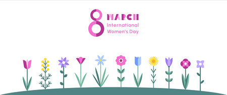 8 March, International Women's Day vector greeting card. Rectangle elongated horizontal banner shape. Modern trendy flat minimalist geometric style. Spring flowers border.のイラスト素材