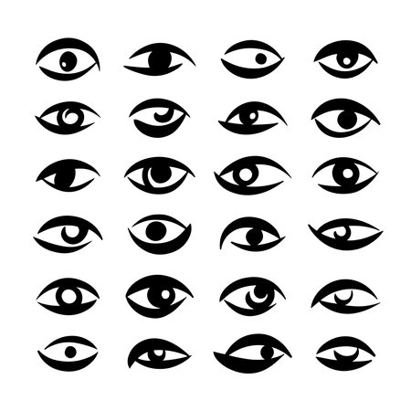 Hand drawn staring, stylized brush drawn eyes big set, collection. Artistic doodle lines, strokes. Surreal, creepy, horror black and white ink illustration, square print design.のイラスト素材