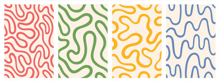 Twisted lines, fluid, curved, wiggling stripes, waves vector backgrounds set. Liquid, funky chaotic ornaments, groovy hippie patterns collection. Doodle, uneven hand drawn wavy, orのイラスト素材