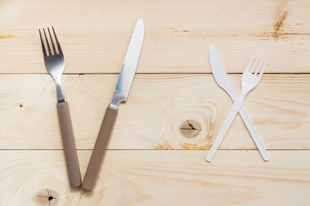 The concept of the benefits of reusable cutlery over disposable plastic. Zero Waste Concept