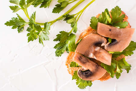 Hot sandwich with cooked champignons and greens. Top viewの写真素材