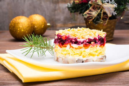 Traditional Russian salad - herring under a fur coat and fir branch in a plateの写真素材