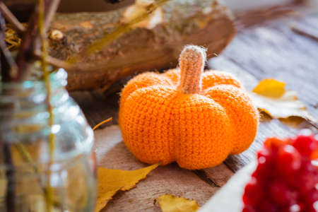 Autumn still life with a pumpkin and fallen leaves. Handmade pumpkin made of wool.の写真素材