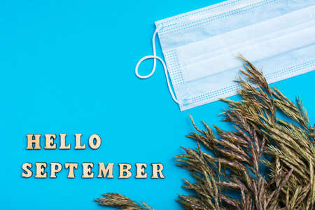 Hello September. Life in quarantine. Text in wooden letters, ears of grass and a protective mask on a blue backgroundの写真素材