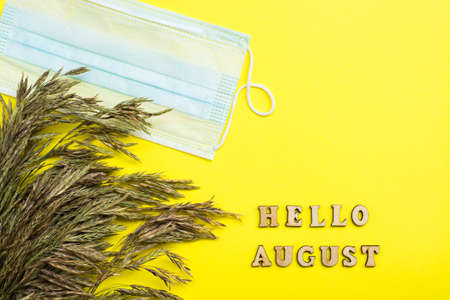Hello August. Life in quarantine. Text in wooden letters, ears of grass and a protective mask on a yellow backgroundの写真素材