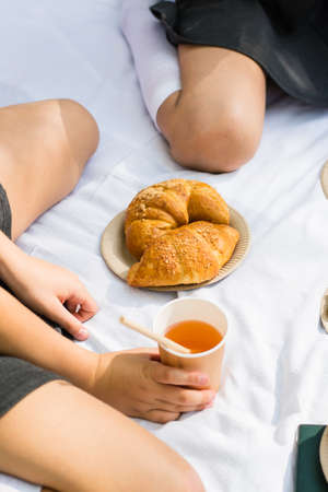 Eco-friendly picnic for schoolchildren in the park. Croissants on eco paper plates and apple juice in an eco cup with a straw on a white blanket. Back to school conceptの写真素材