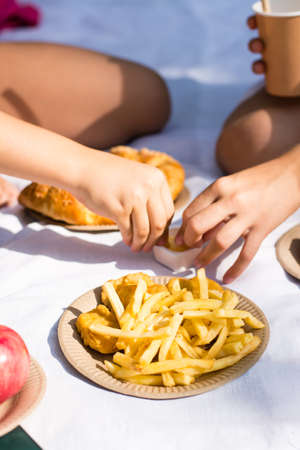 Two schoolgirls eat fries at a picnic in the park. Eco-friendly disposable tableware. School meals. Vertical viewの写真素材