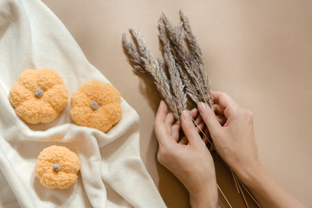 Handmade autumn still life knitted pumpkins on a plaid female hands hold ears of grass in the shade of a tree on cardboard. Pastel shades. Calm and warm moodの写真素材