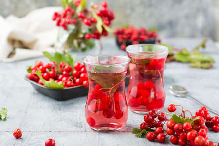 A decoction of ripe viburnum berries in transparent glasses on the table. Alternative medicine,...