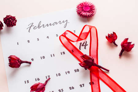 Valentine's Day. A red heart-shaped ribbon highlights the date February 14 on a calendar sheet and dried flowers on a pink background. Close-upの写真素材