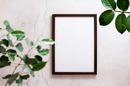 Eco mockup. Empty frame with a blank sheet on a light concrete background and leaves of home plants. top view.の写真素材
