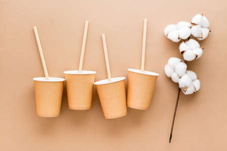 Cardboard cups, drinking straws and a branch of cotton on a beige background. Eco friendly and zero waste concept. top view.の写真素材