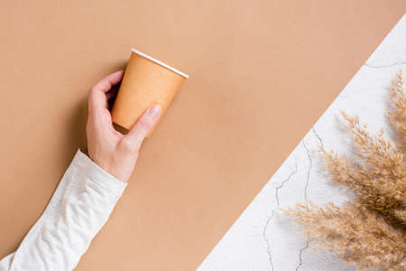 Women's hand holds a disposable cardboard cup for drinks on a two-color background. Eco friendly mock-up. top view. copy spaceの写真素材