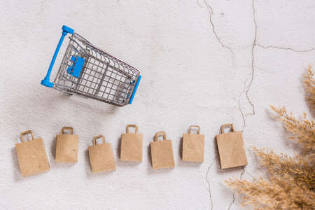 Kraft paper shopping bags in a row and a shopping cart on a concrete background. Sustainable lifestyle, eco-friendly packaging. top view.の写真素材