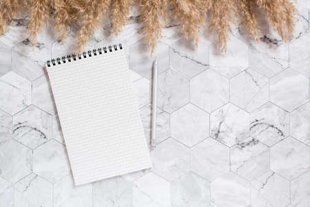 Notepad, pen and dry lush ears framed on a marble background. Planning, reminder and goal setting. top view.の写真素材