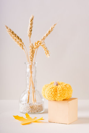 Knitted pumpkin on a cube and ears in a bottle on a light background. autumn decoration. vertical viewの写真素材