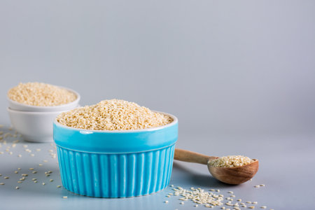 White sesame seeds in a bowl and in a wooden spoon on a gray background. organic diet.の写真素材
