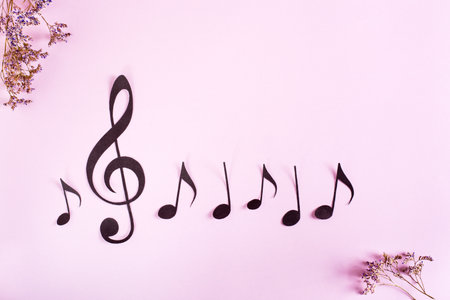Paper musical clef and notes in a row and dried flowers on a pink background. top view.の写真素材