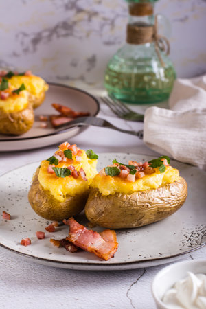 Twice baked potatoes with bacon and cheese on a plate on the table. homemade dinner. vertical viewの写真素材