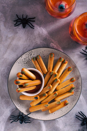 Halloween savory breadsticks with pumpkin seed nails on ketchup on a plate top and vertical viewの写真素材