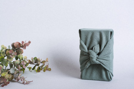 Green Friday gift shopping furoshiki and twig on green background